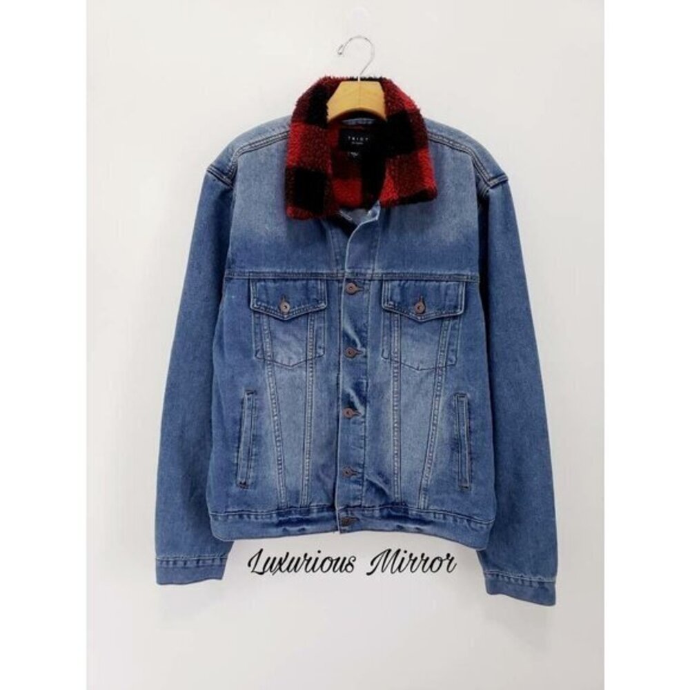 Triot Mens Jean Jacket Red Buffalo Plaid Blue Sherpa Collar Pocket Denim L New